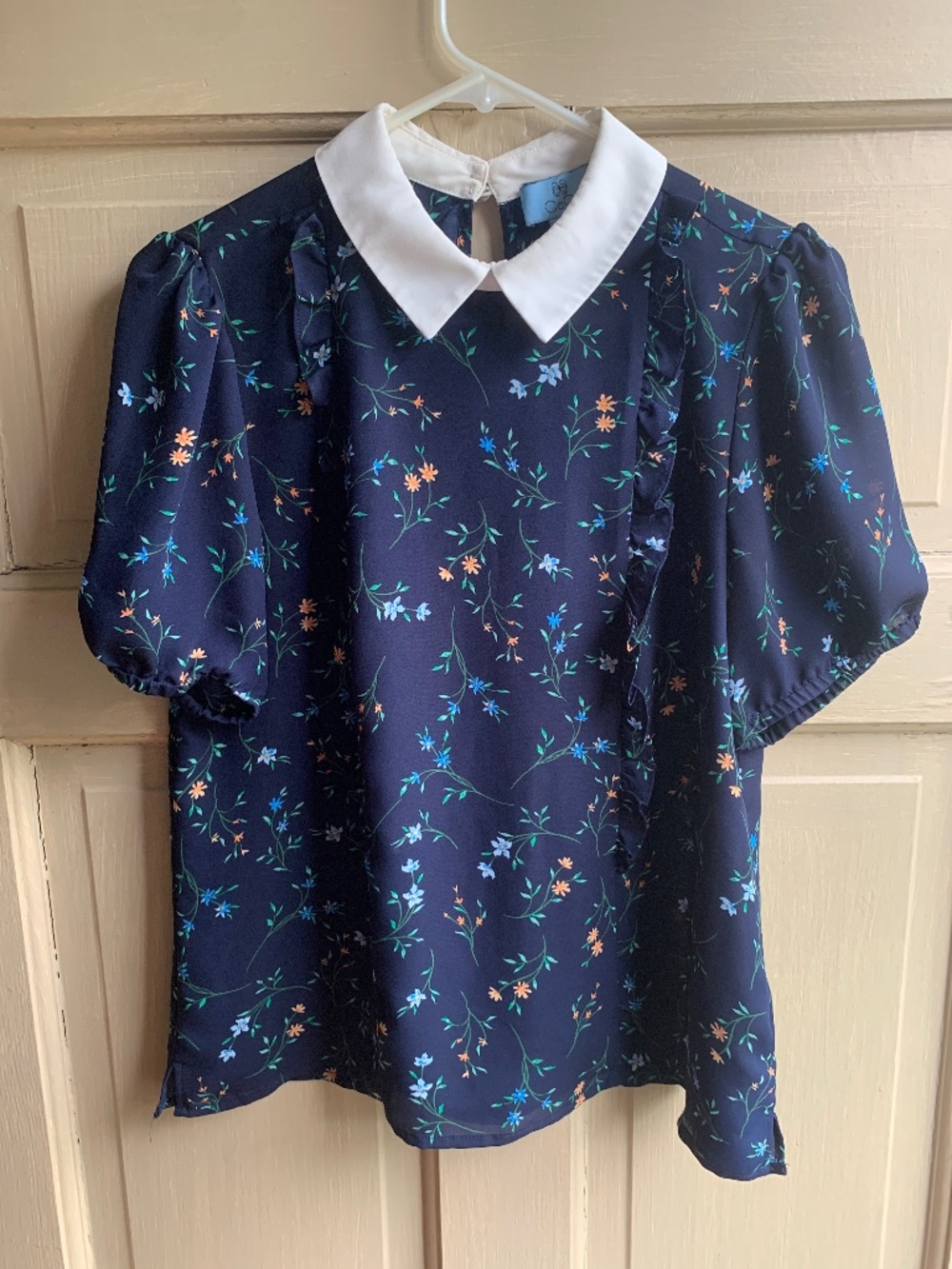 Navy Blue Puff Sleeve Floral Collared Blouse